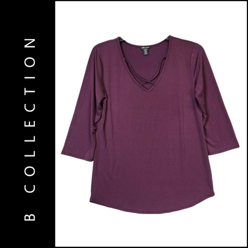 B Collection Women Stretch Blouse Long Sleeve Size Large Maroon